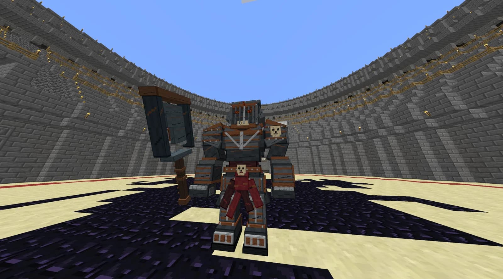 The Ashen Executioner holding its guillotine weapon in the Grand Colosseum