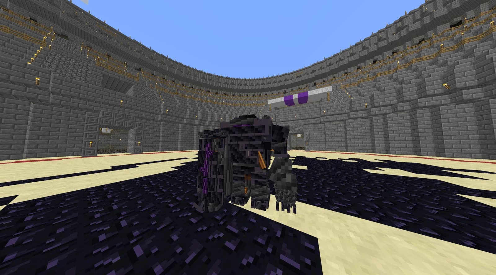 Obsidian Bulwark defending behind its shield in the Grand Colosseum