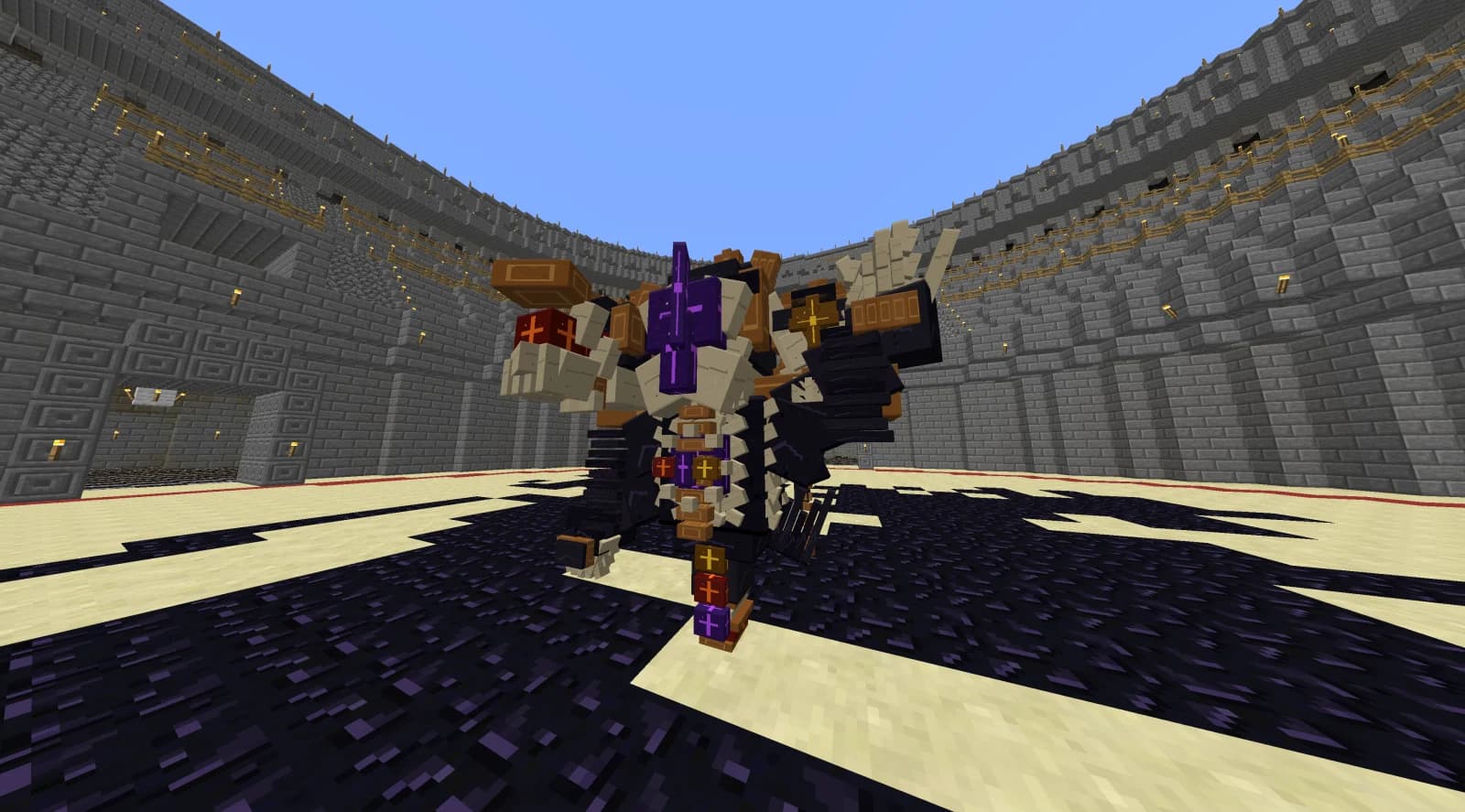 The Triune Calamity displaying its three fused aspects in the Grand Colosseum