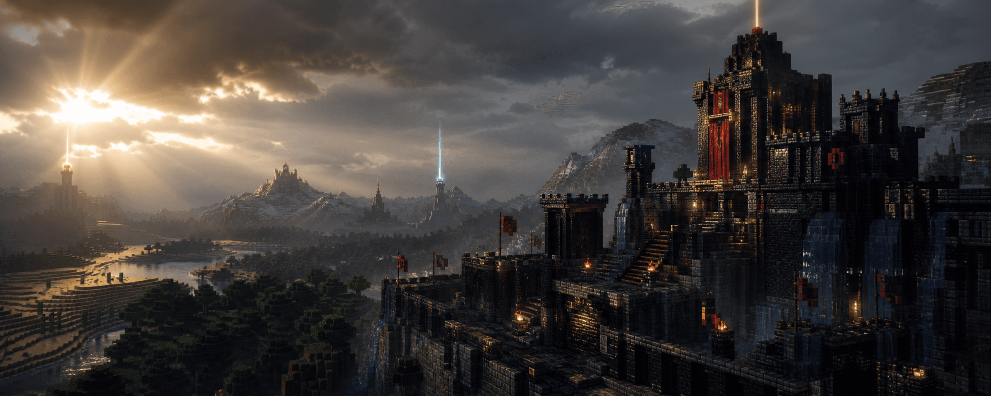 A vast voxel factions fortress overlooking contested wilderness